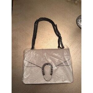 New Faux Snakeskin Flap Shoulder Bag with Dark Chain Strap & Horseshoe Clasp